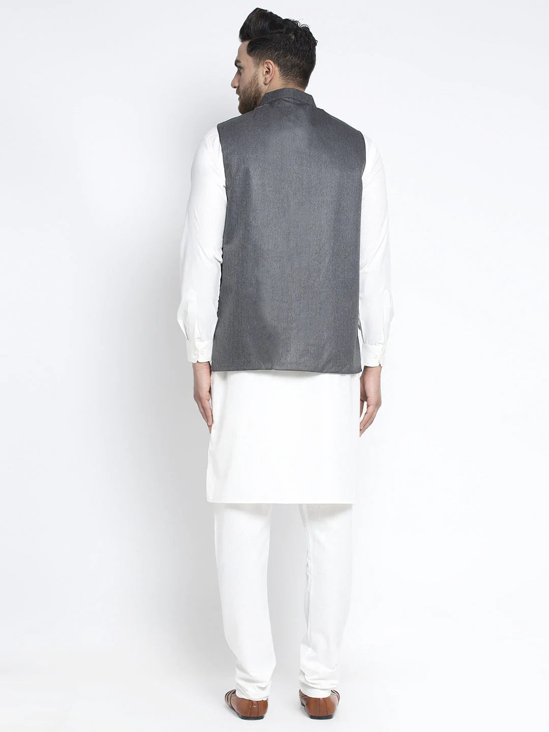 Jompers Men's Solid White Cotton Kurta Payjama with Solid Charcoal Waistcoat ( JOKPWC OW-F 4021 Charcoal )