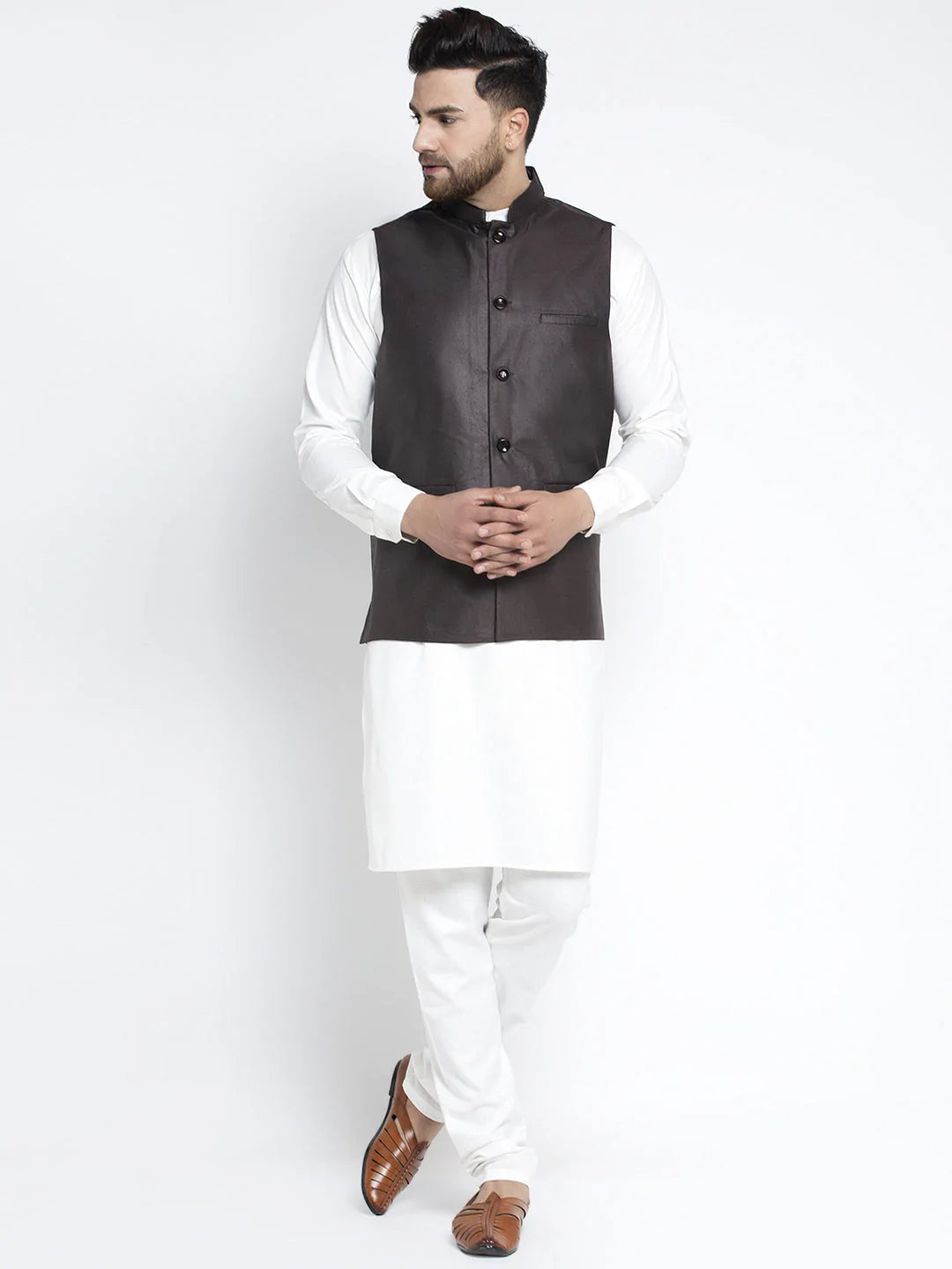 Jompers Men's Solid White Cotton Kurta Payjama with Solid Coffee Waistcoat ( JOKPWC OW-F 4021 Coffee )