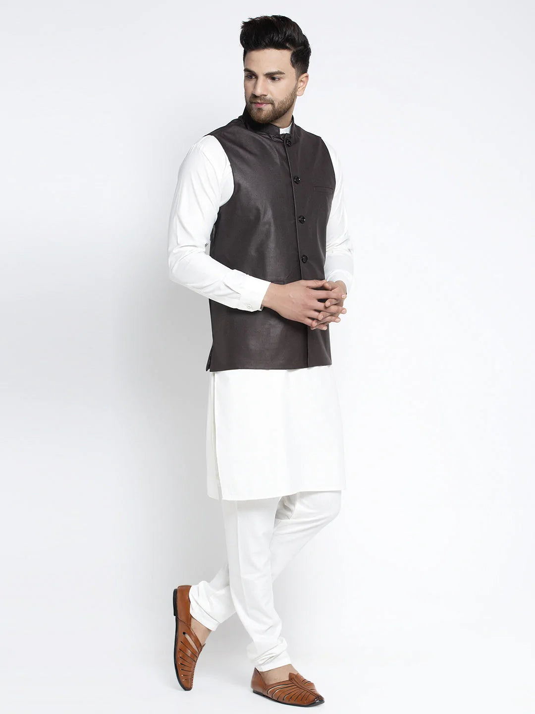 Jompers Men's Solid White Cotton Kurta Payjama with Solid Coffee Waistcoat ( JOKPWC OW-F 4021 Coffee )