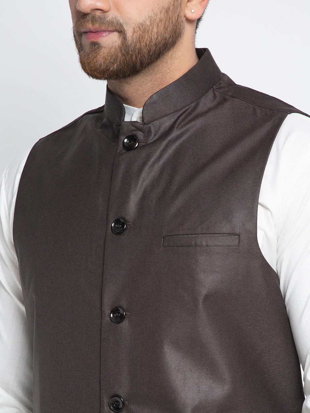 Jompers Men's Solid White Cotton Kurta Payjama with Solid Coffee Waistcoat ( JOKPWC OW-F 4021 Coffee )