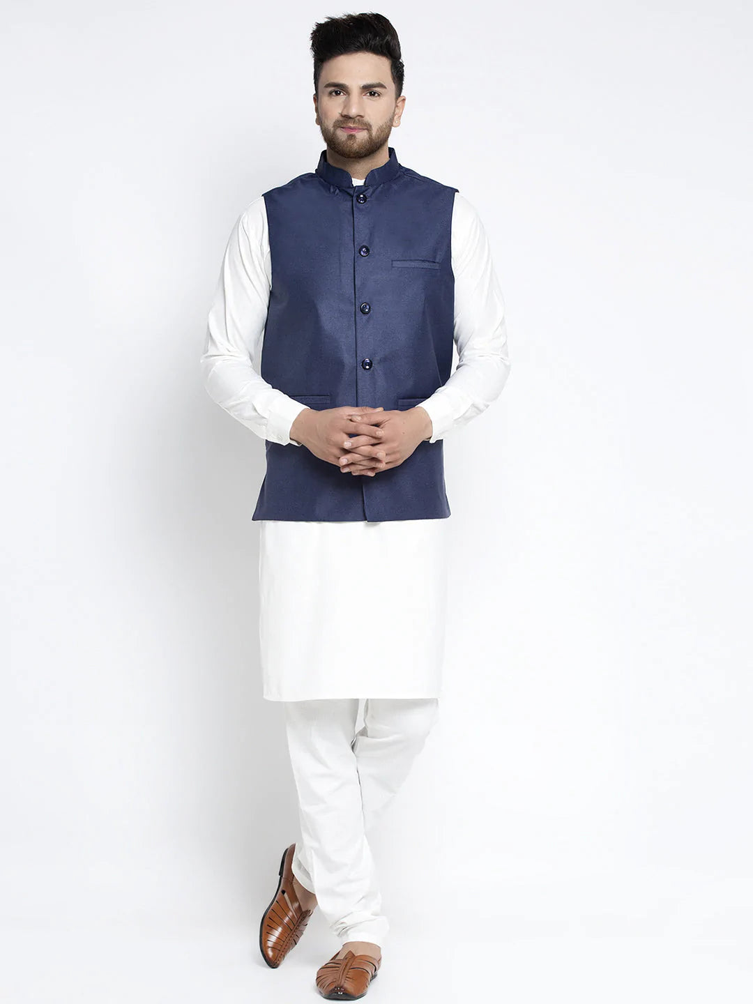 Jompers Men's Solid White Cotton Kurta Payjama with Solid Navy Waistcoat ( JOKPWC OW-F 4021 Navy )