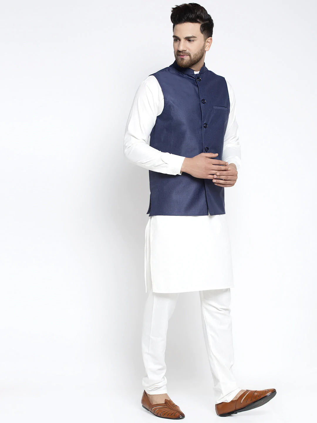 Jompers Men's Solid White Cotton Kurta Payjama with Solid Navy Waistcoat ( JOKPWC OW-F 4021 Navy )