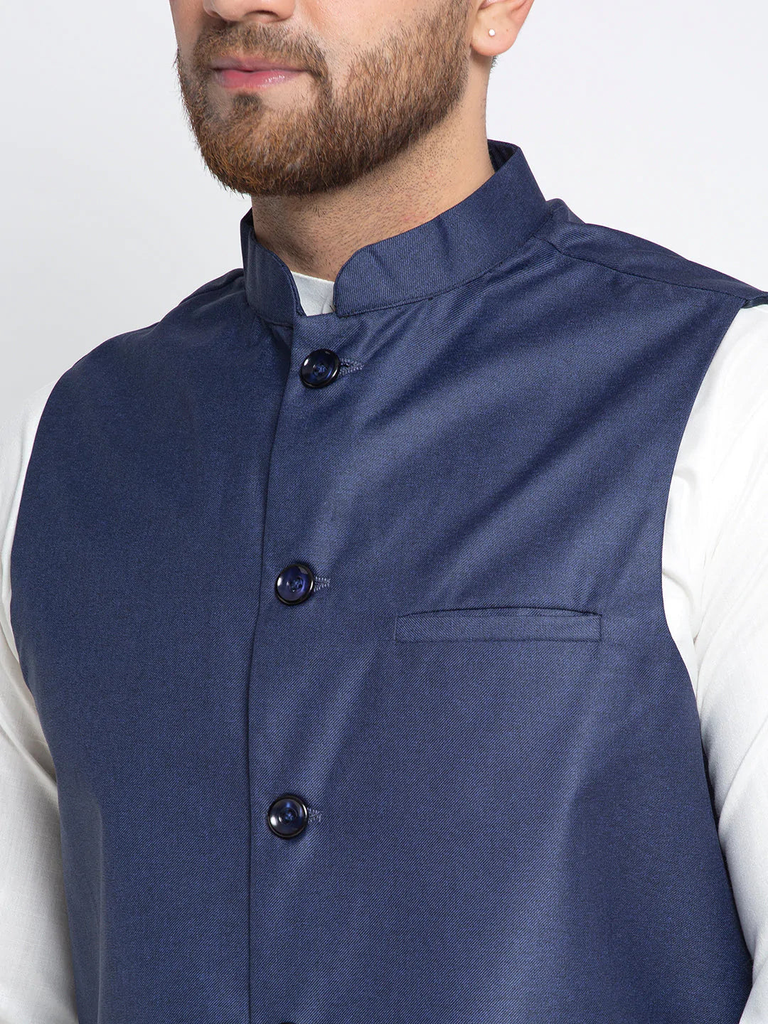 Jompers Men's Solid White Cotton Kurta Payjama with Solid Navy Waistcoat ( JOKPWC OW-F 4021 Navy )