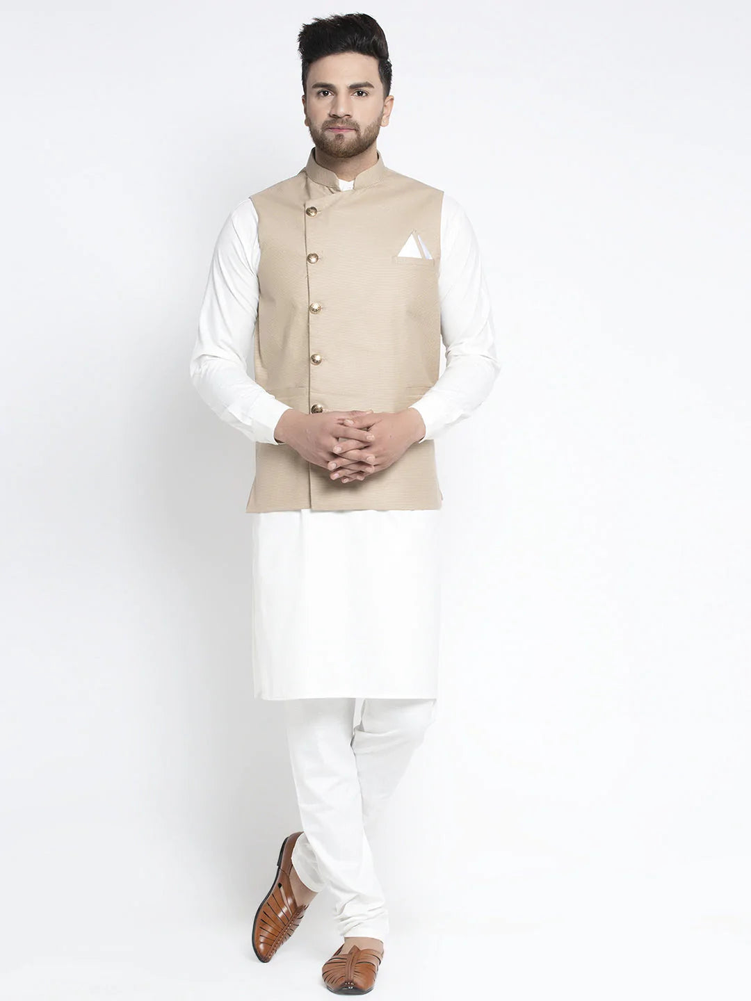 Jompers Men's Solid White Cotton Kurta Payjama with Geometric Waistcoat ( JOKPWC OW-F 4022 Beige )