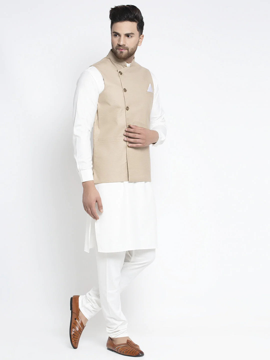 Jompers Men's Solid White Cotton Kurta Payjama with Geometric Waistcoat ( JOKPWC OW-F 4022 Beige )