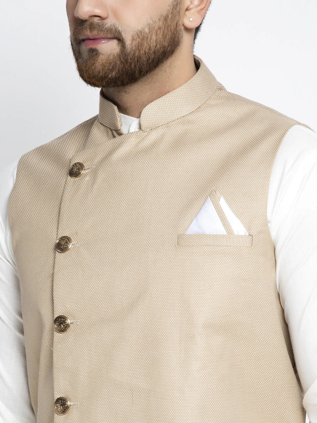 Jompers Men's Solid White Cotton Kurta Payjama with Geometric Waistcoat ( JOKPWC OW-F 4022 Beige )