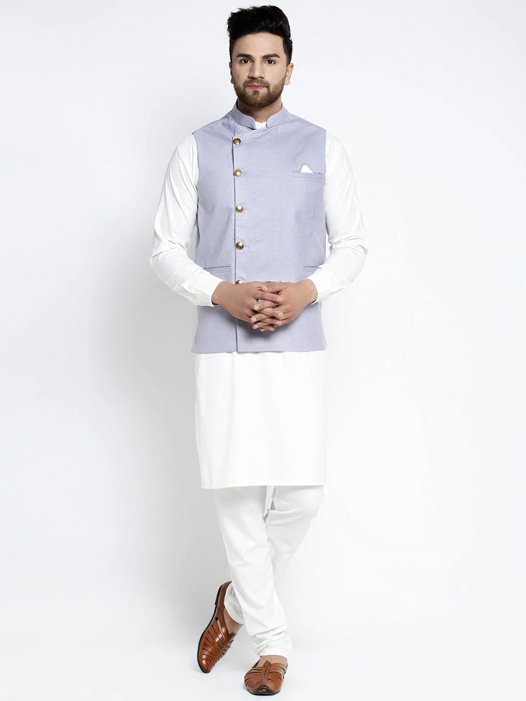 Jompers Men's Solid White Cotton Kurta Payjama with Geometric Waistcoat ( JOKPWC OW-F 4022 Blue )