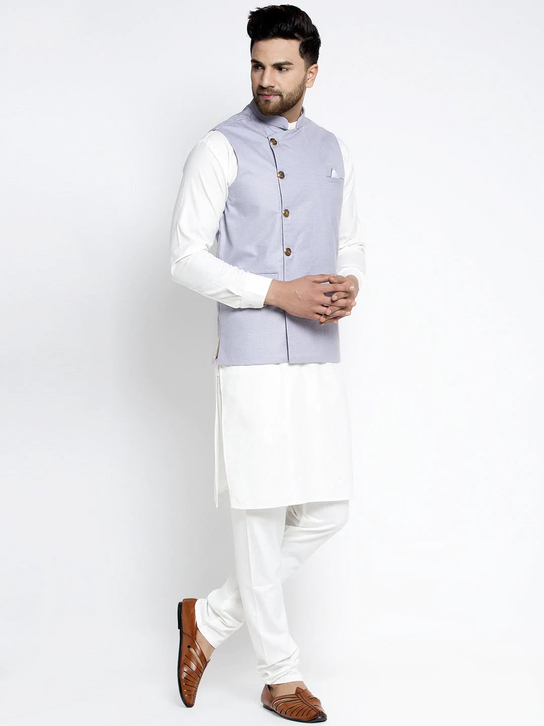 Jompers Men's Solid White Cotton Kurta Payjama with Geometric Waistcoat ( JOKPWC OW-F 4022 Blue )