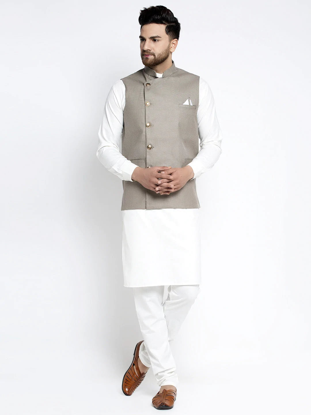 Jompers Men's Solid White Cotton Kurta Payjama with Geometric Waistcoat ( JOKPWC OW-F 4022 Grey )