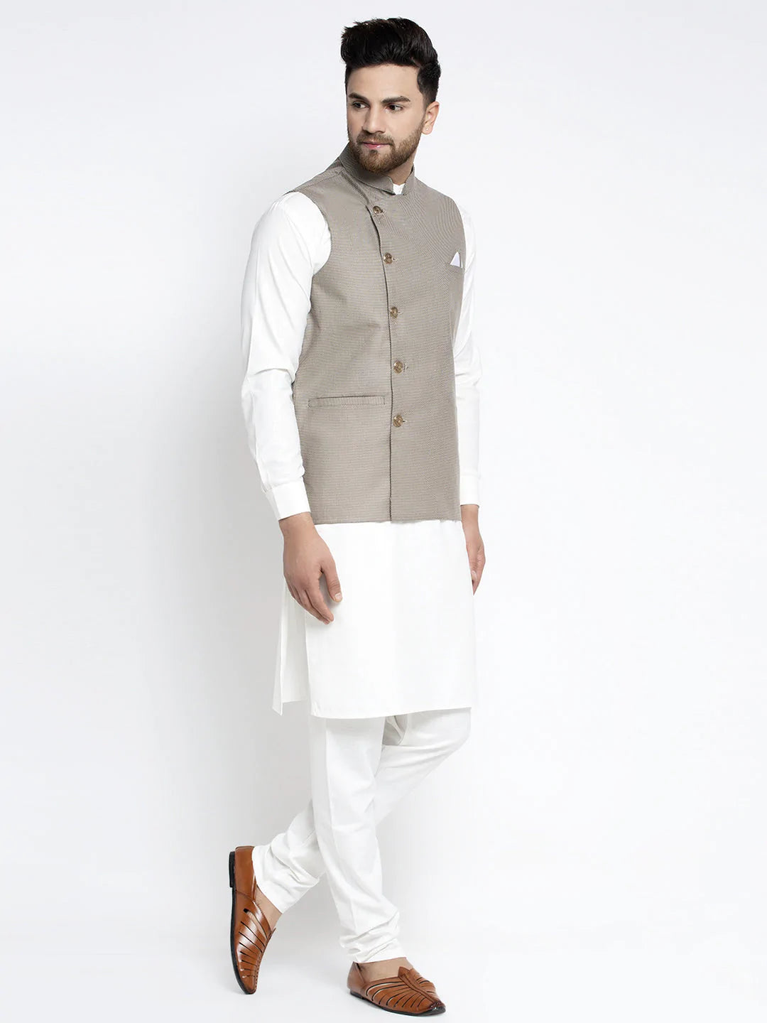 Jompers Men's Solid White Cotton Kurta Payjama with Geometric Waistcoat ( JOKPWC OW-F 4022 Grey )