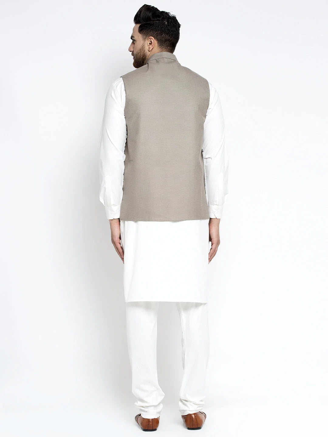 Jompers Men's Solid White Cotton Kurta Payjama with Geometric Waistcoat ( JOKPWC OW-F 4022 Grey )