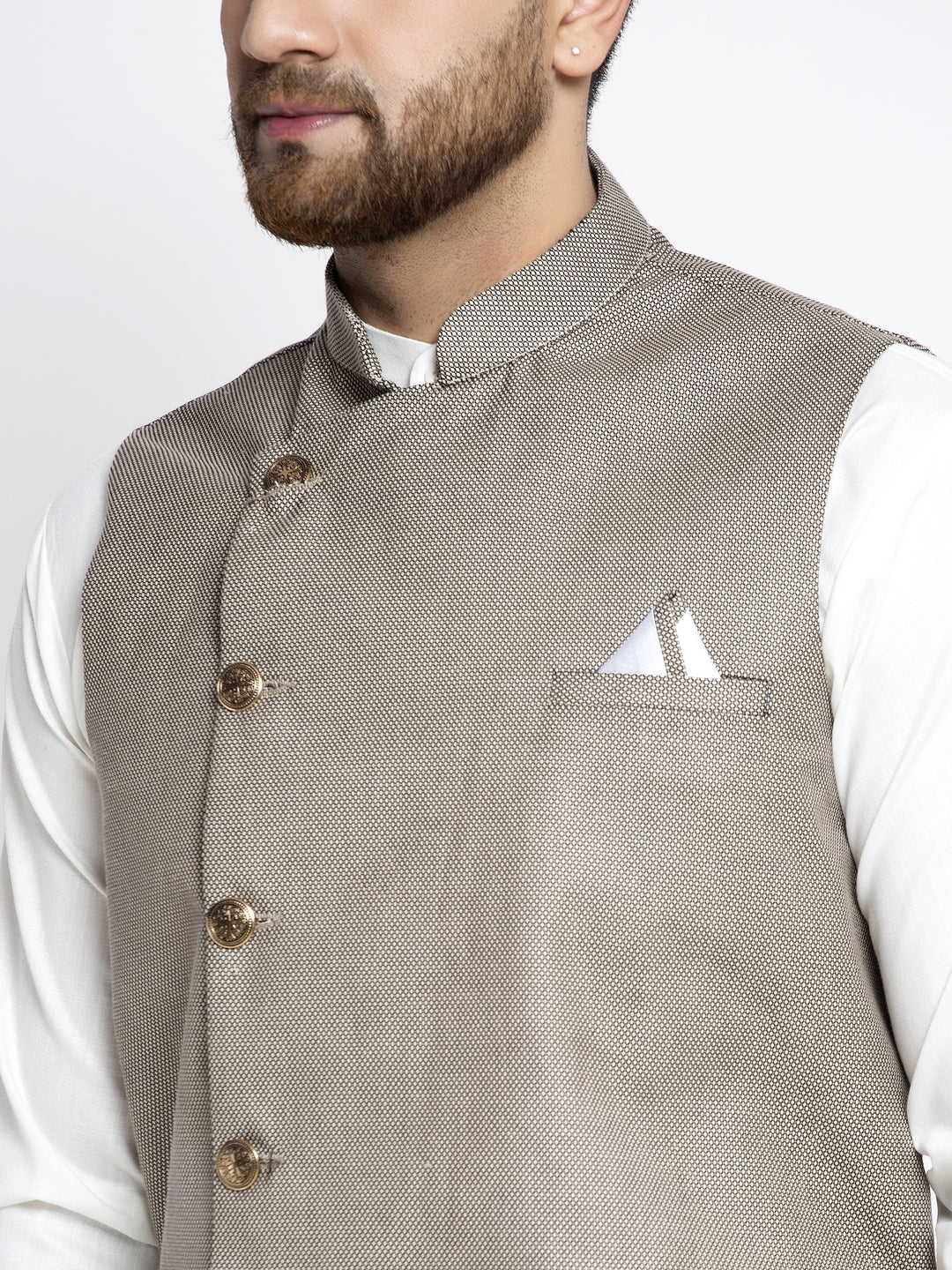 Jompers Men's Solid White Cotton Kurta Payjama with Geometric Waistcoat ( JOKPWC OW-F 4022 Grey )