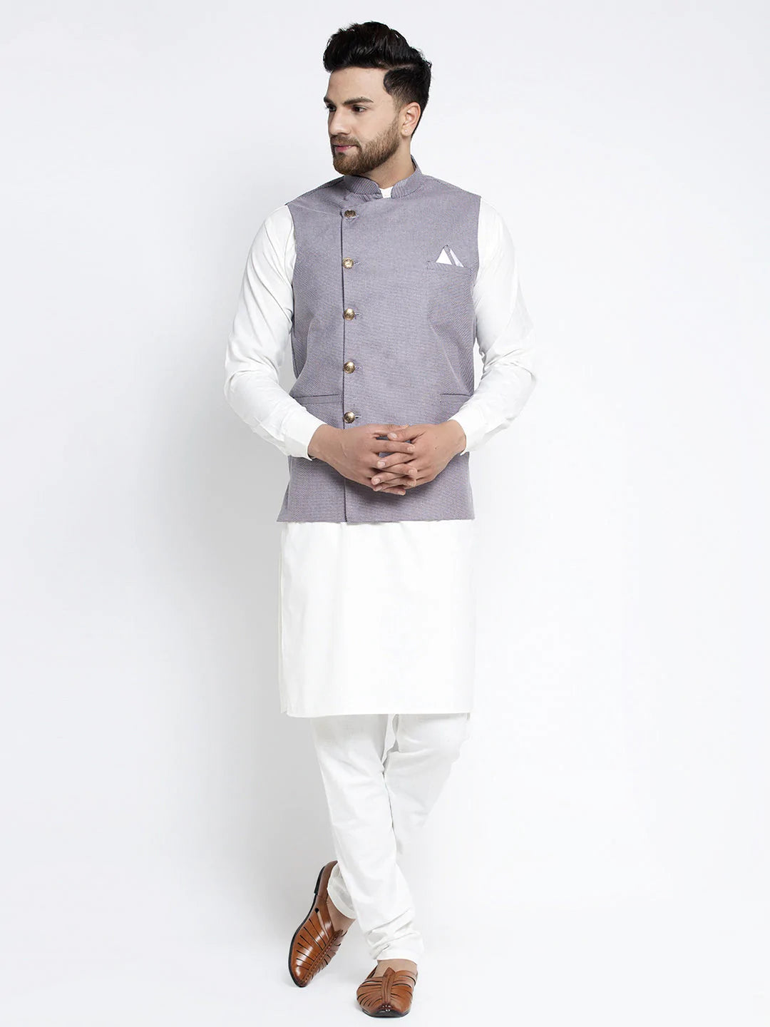 Jompers Men's Solid White Cotton Kurta Payjama with Geometric Waistcoat ( JOKPWC OW-F 4022 Purple )