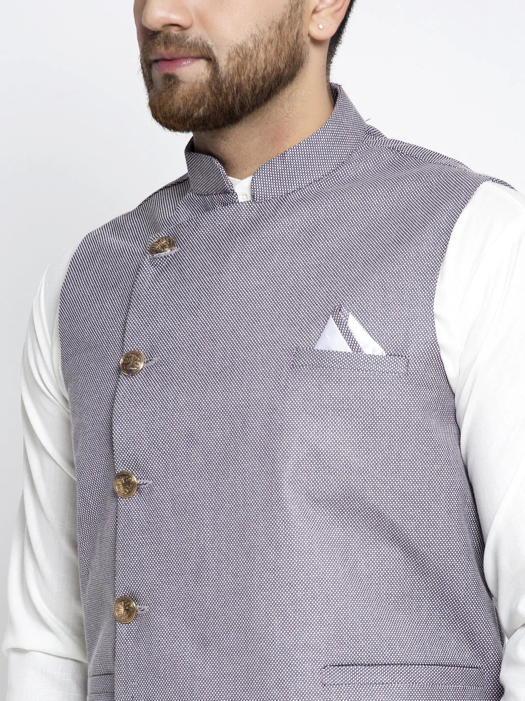 Jompers Men's Solid White Cotton Kurta Payjama with Geometric Waistcoat ( JOKPWC OW-F 4022 Purple )