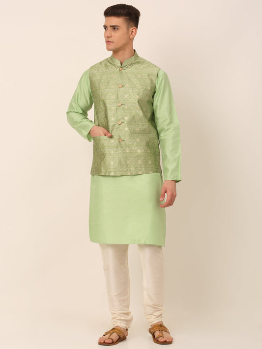 Men's Woven Design Nehru Jacket and Kurta Pyjama Set ( JOKPWC P-D 4045Pista )