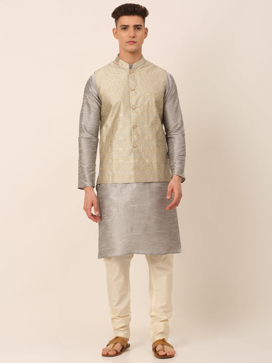 Men's Woven Design Nehru Jacket and Kurta Pyjama Set ( JOKPWC S-D 4045Beige )