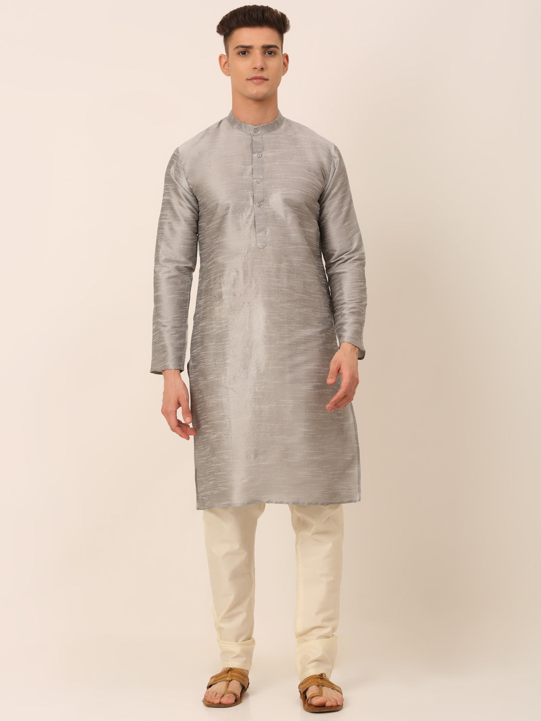 Men's Woven Design Nehru Jacket and Kurta Pyjama Set ( JOKPWC S-D 4045Beige )