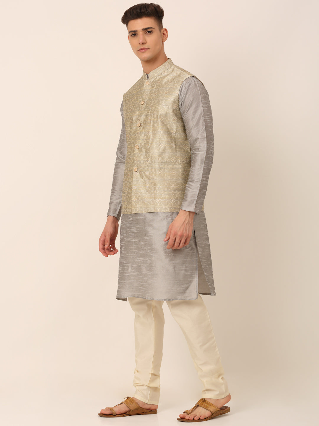 Men's Woven Design Nehru Jacket and Kurta Pyjama Set ( JOKPWC S-D 4045Beige )