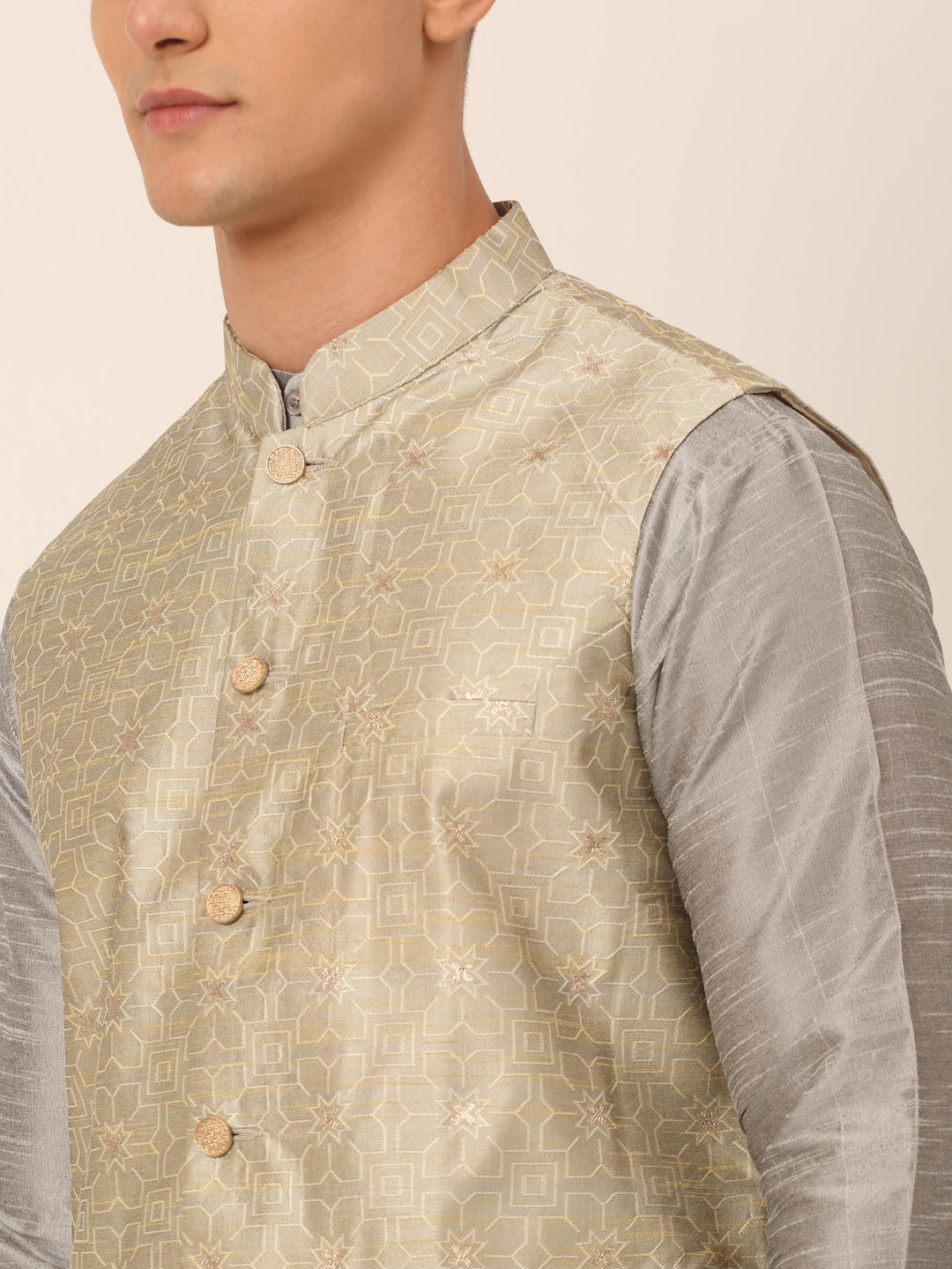 Men's Woven Design Nehru Jacket and Kurta Pyjama Set ( JOKPWC S-D 4045Beige )