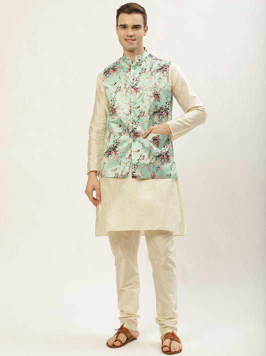 Men's Floral Printed Nehru Jacket and Kurta Pyjama Set ( JOKPWC W-D 4007 Lime )