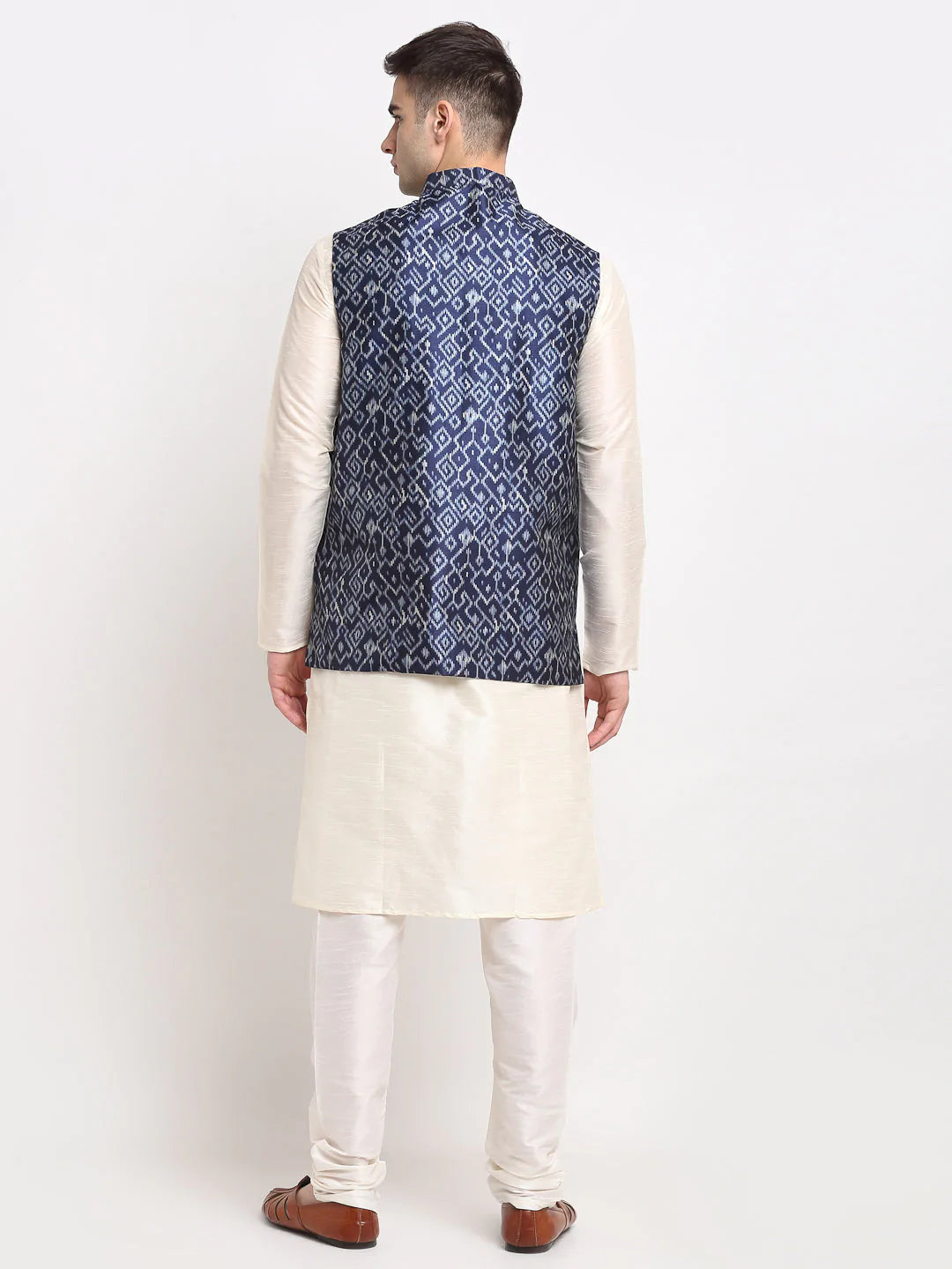 Jompers Men's Off-white Dupion Silk Kurta with Churidar & Nehru Jacket ( JOKPWC W-D 4025Blue )