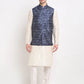 Jompers Men's Off-white Dupion Silk Kurta with Churidar & Nehru Jacket ( JOKPWC W-D 4025Blue )