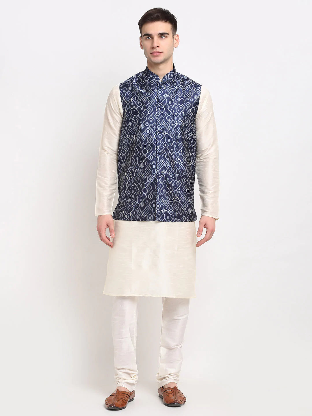 Jompers Men's Off-white Dupion Silk Kurta with Churidar & Nehru Jacket ( JOKPWC W-D 4025Blue )