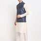 Jompers Men's Off-white Dupion Silk Kurta with Churidar & Nehru Jacket ( JOKPWC W-D 4025Blue )