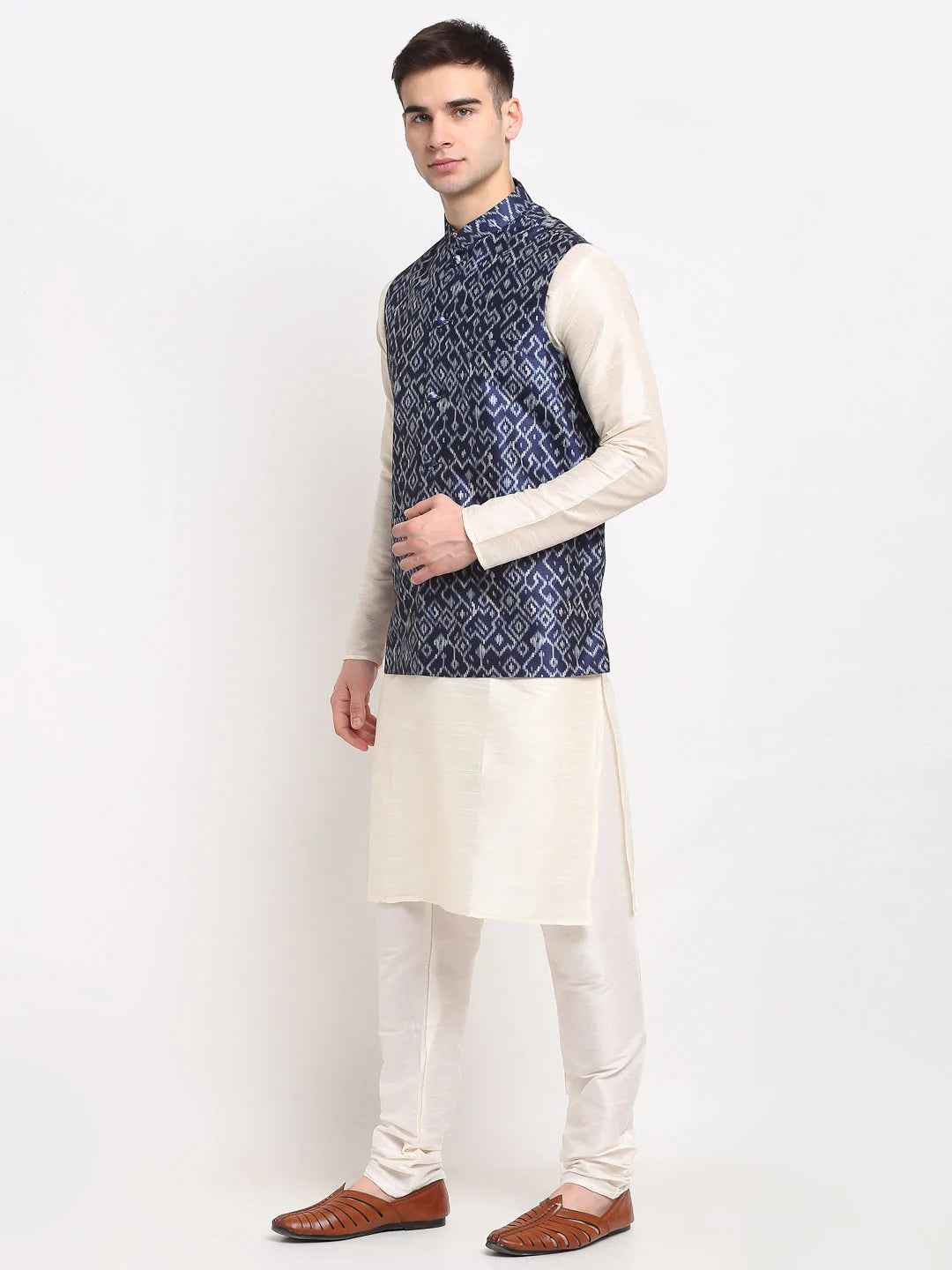 Jompers Men's Off-white Dupion Silk Kurta with Churidar & Nehru Jacket ( JOKPWC W-D 4025Blue )