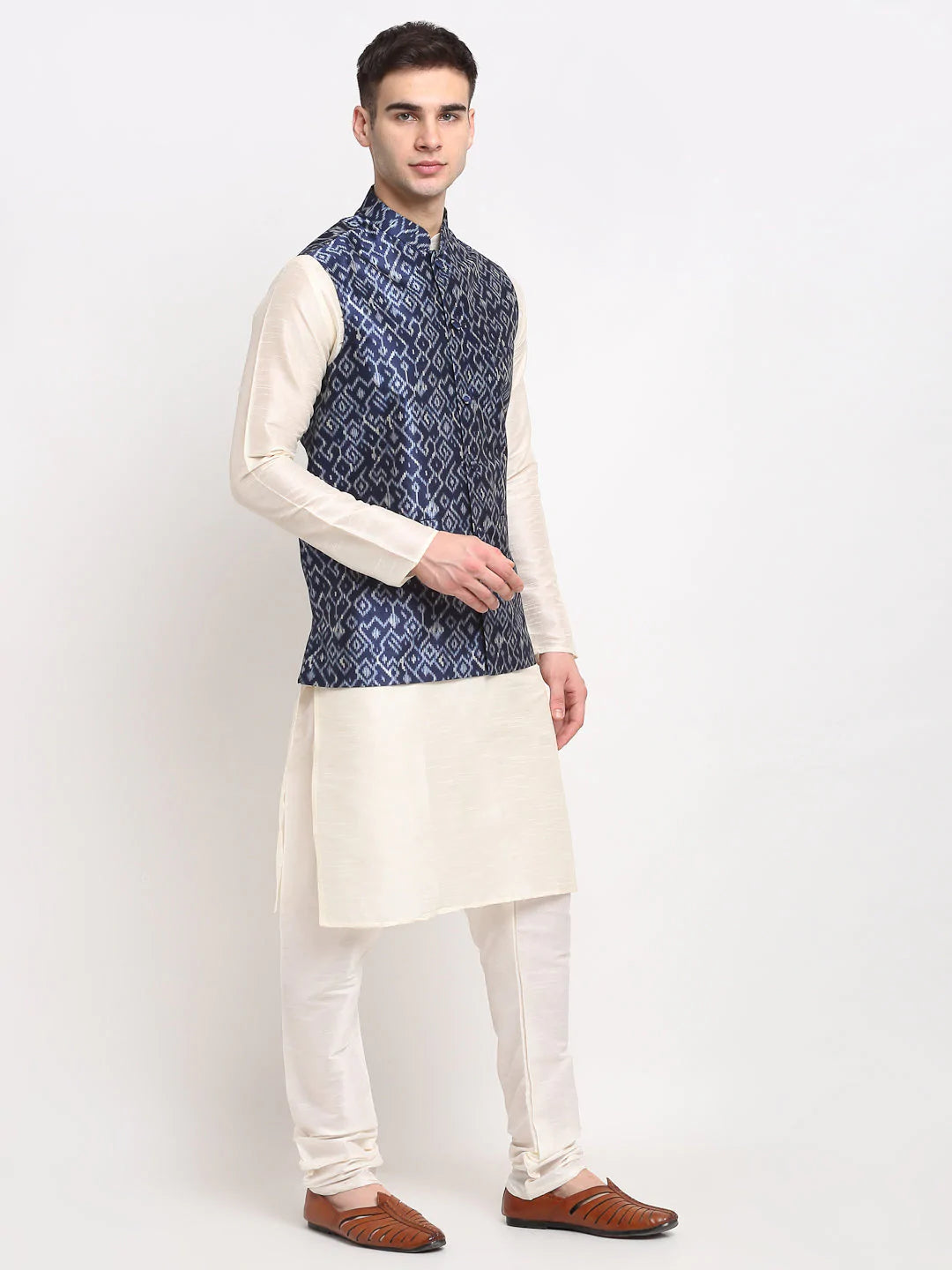 Jompers Men's Off-white Dupion Silk Kurta with Churidar & Nehru Jacket ( JOKPWC W-D 4025Blue )