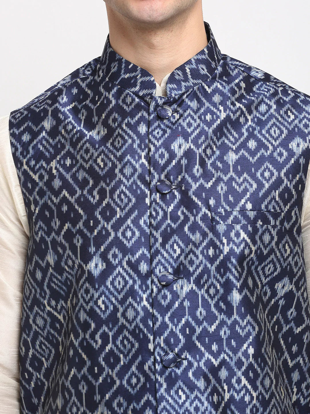 Jompers Men's Off-white Dupion Silk Kurta with Churidar & Nehru Jacket ( JOKPWC W-D 4025Blue )