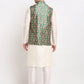 Jompers Men's Off-white Dupion Silk Kurta with Churidar & Nehru Jacket ( JOKPWC W-D 4025Green )