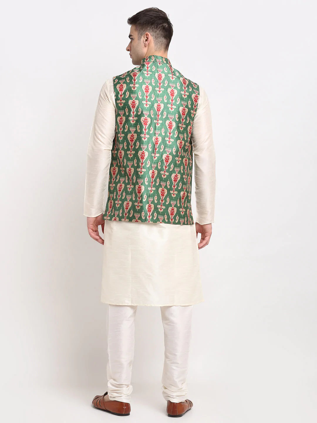 Jompers Men's Off-white Dupion Silk Kurta with Churidar & Nehru Jacket ( JOKPWC W-D 4025Green )