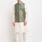Jompers Men's Off-white Dupion Silk Kurta with Churidar & Nehru Jacket ( JOKPWC W-D 4025Green )