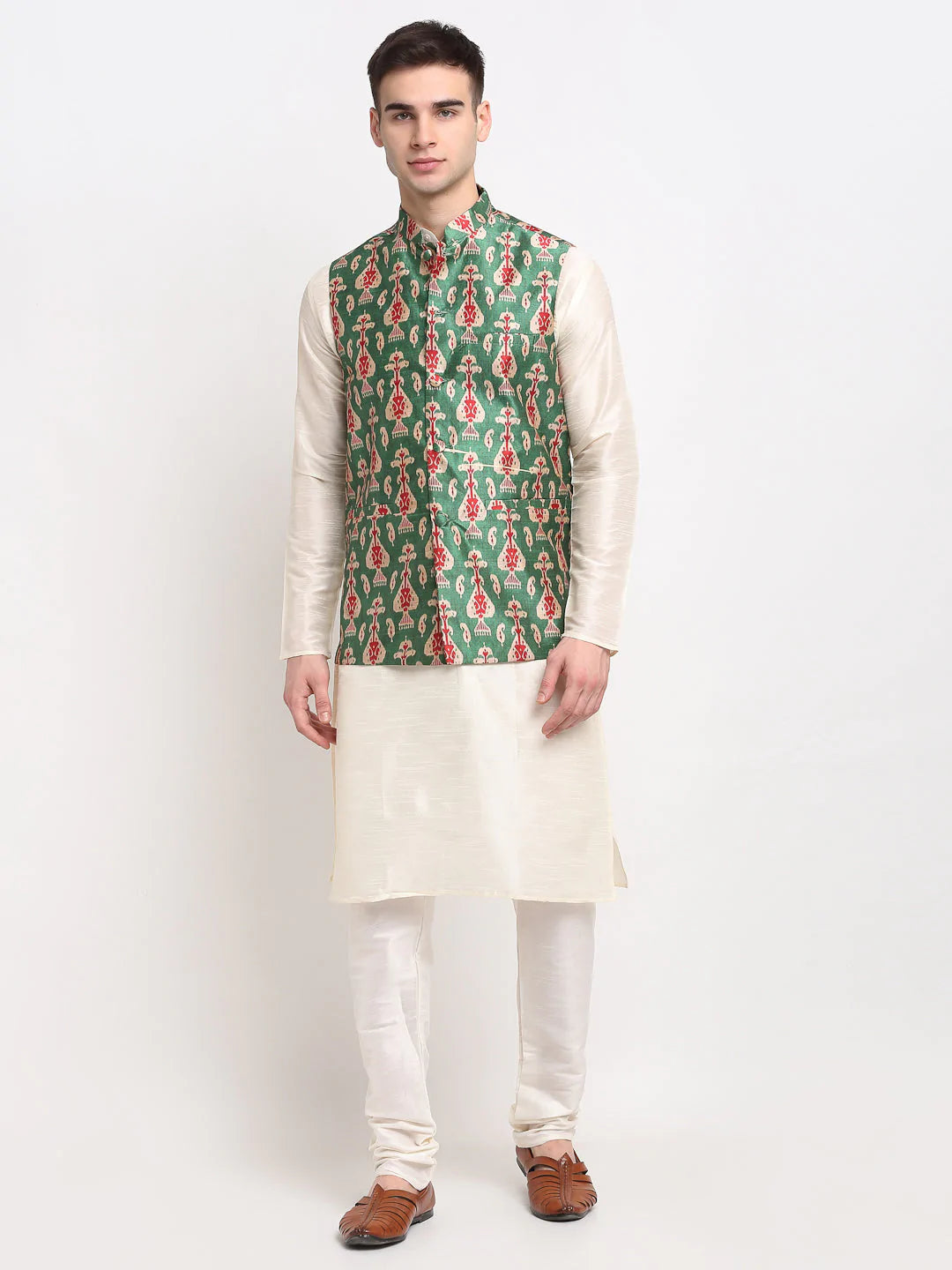 Jompers Men's Off-white Dupion Silk Kurta with Churidar & Nehru Jacket ( JOKPWC W-D 4025Green )