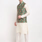 Jompers Men's Off-white Dupion Silk Kurta with Churidar & Nehru Jacket ( JOKPWC W-D 4025Green )