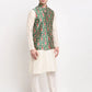 Jompers Men's Off-white Dupion Silk Kurta with Churidar & Nehru Jacket ( JOKPWC W-D 4025Green )
