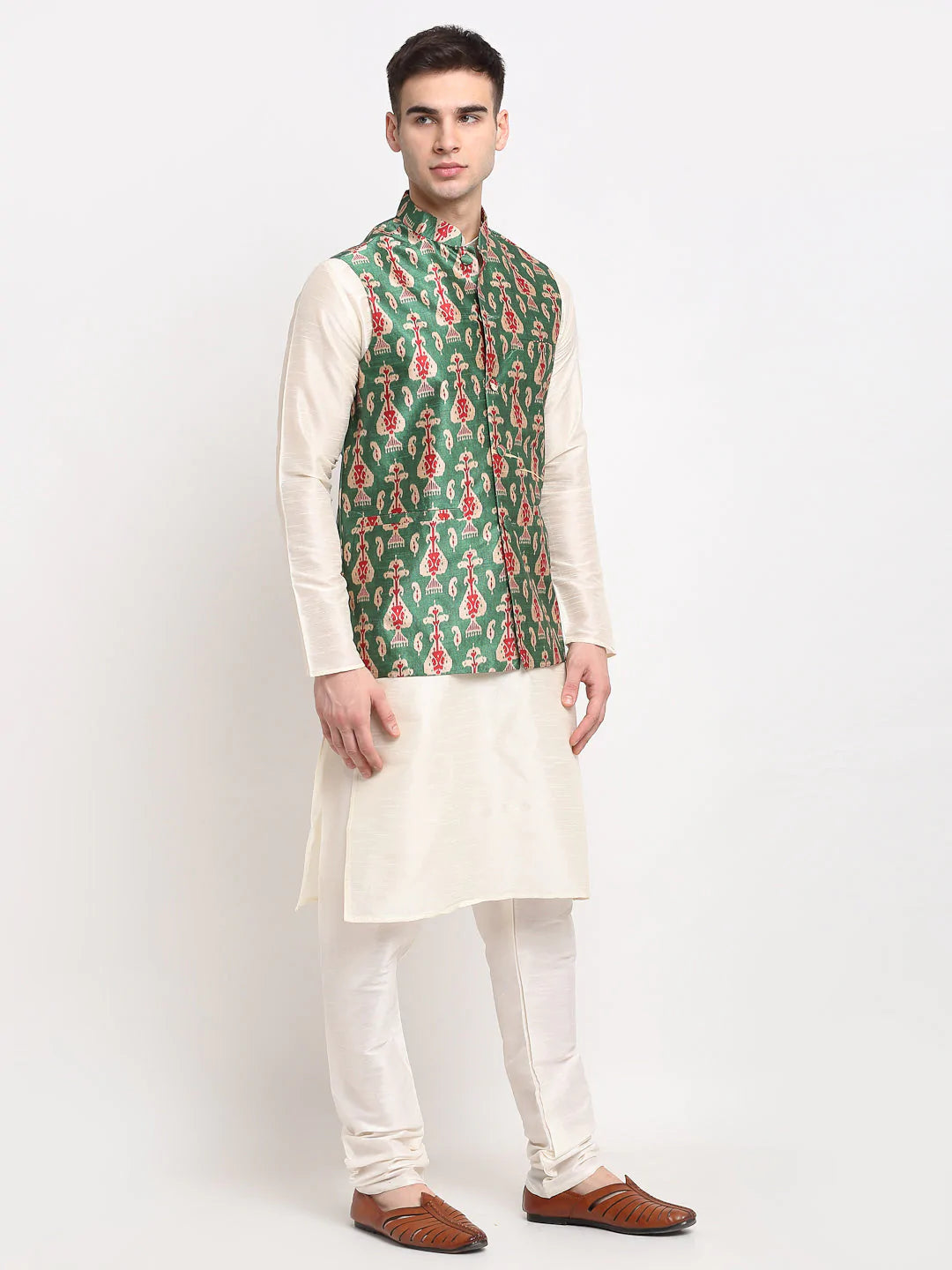 Jompers Men's Off-white Dupion Silk Kurta with Churidar & Nehru Jacket ( JOKPWC W-D 4025Green )