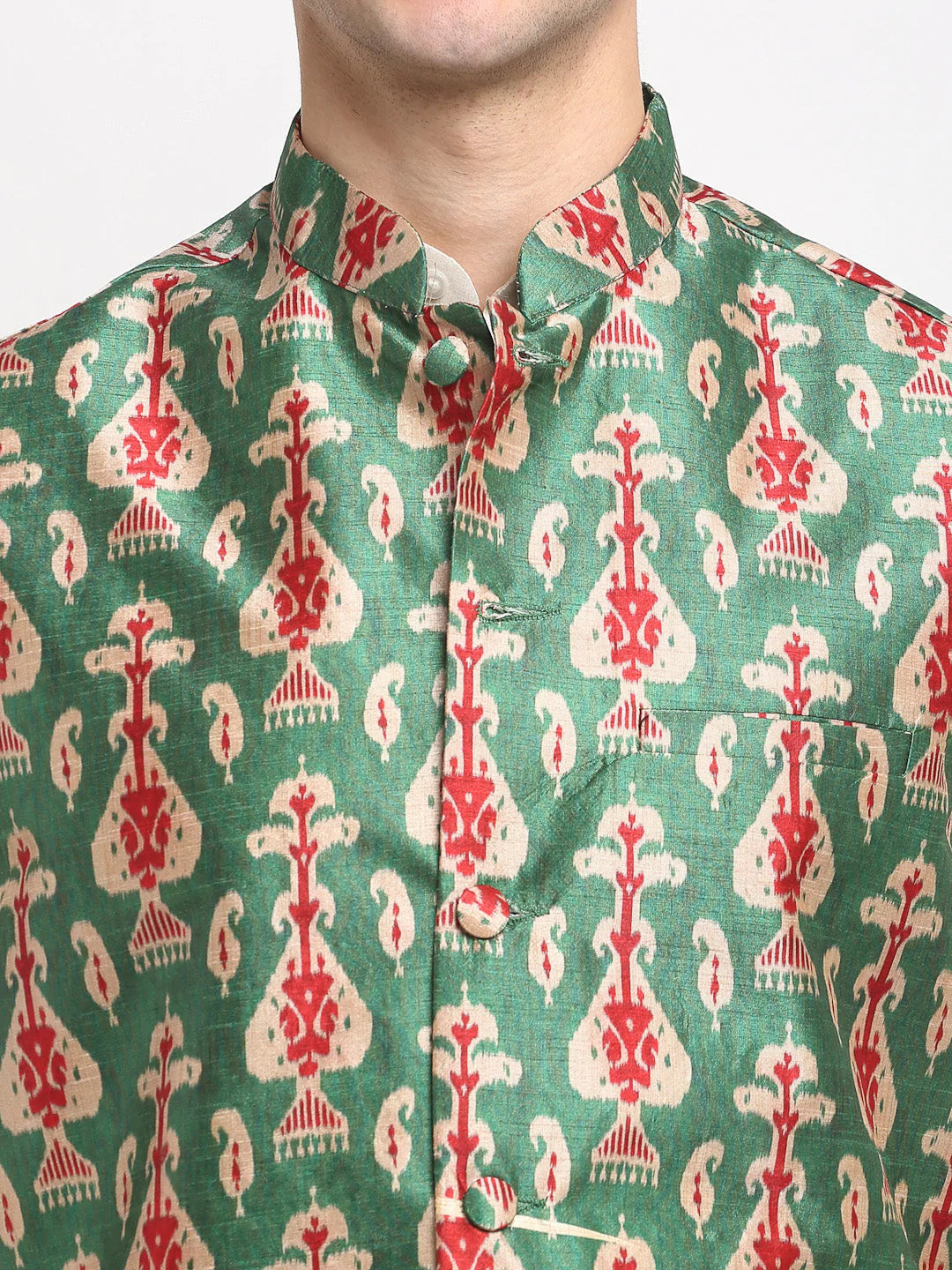 Jompers Men's Off-white Dupion Silk Kurta with Churidar & Nehru Jacket ( JOKPWC W-D 4025Green )