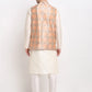 Jompers Men's Off-white Dupion Silk Kurta with Churidar & Nehru Jacket ( JOKPWC W-D 4025Peach-Purple )