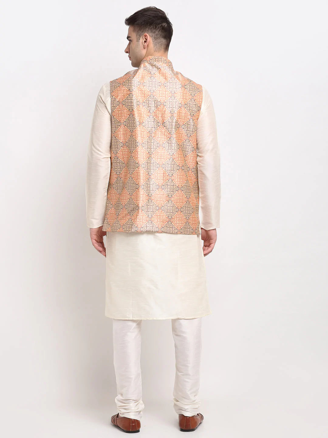 Jompers Men's Off-white Dupion Silk Kurta with Churidar & Nehru Jacket ( JOKPWC W-D 4025Peach-Purple )