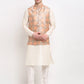 Jompers Men's Off-white Dupion Silk Kurta with Churidar & Nehru Jacket ( JOKPWC W-D 4025Peach-Purple )