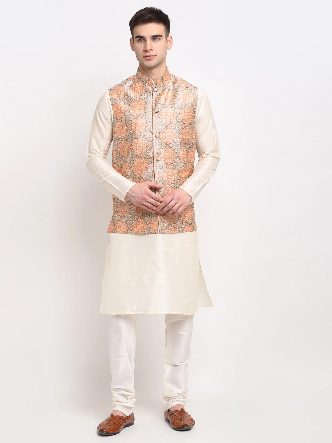 Jompers Men's Off-white Dupion Silk Kurta with Churidar & Nehru Jacket ( JOKPWC W-D 4025Peach-Purple )