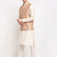 Jompers Men's Off-white Dupion Silk Kurta with Churidar & Nehru Jacket ( JOKPWC W-D 4025Peach-Purple )