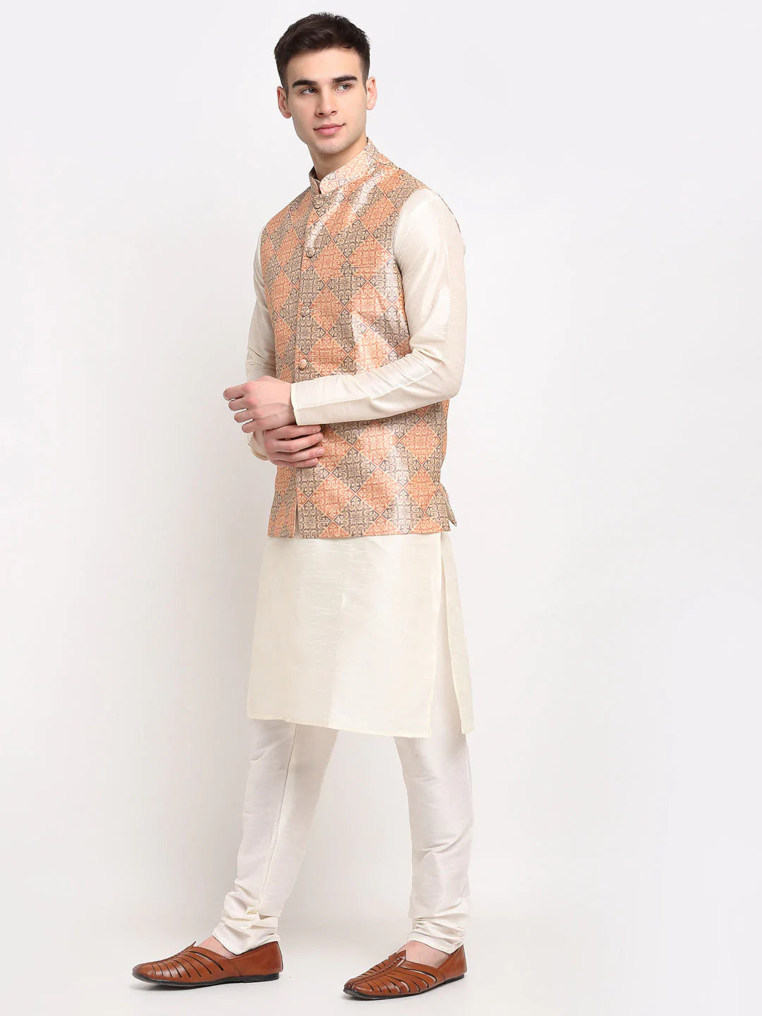 Jompers Men's Off-white Dupion Silk Kurta with Churidar & Nehru Jacket ( JOKPWC W-D 4025Peach-Purple )
