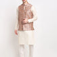 Jompers Men's Off-white Dupion Silk Kurta with Churidar & Nehru Jacket ( JOKPWC W-D 4025Peach )