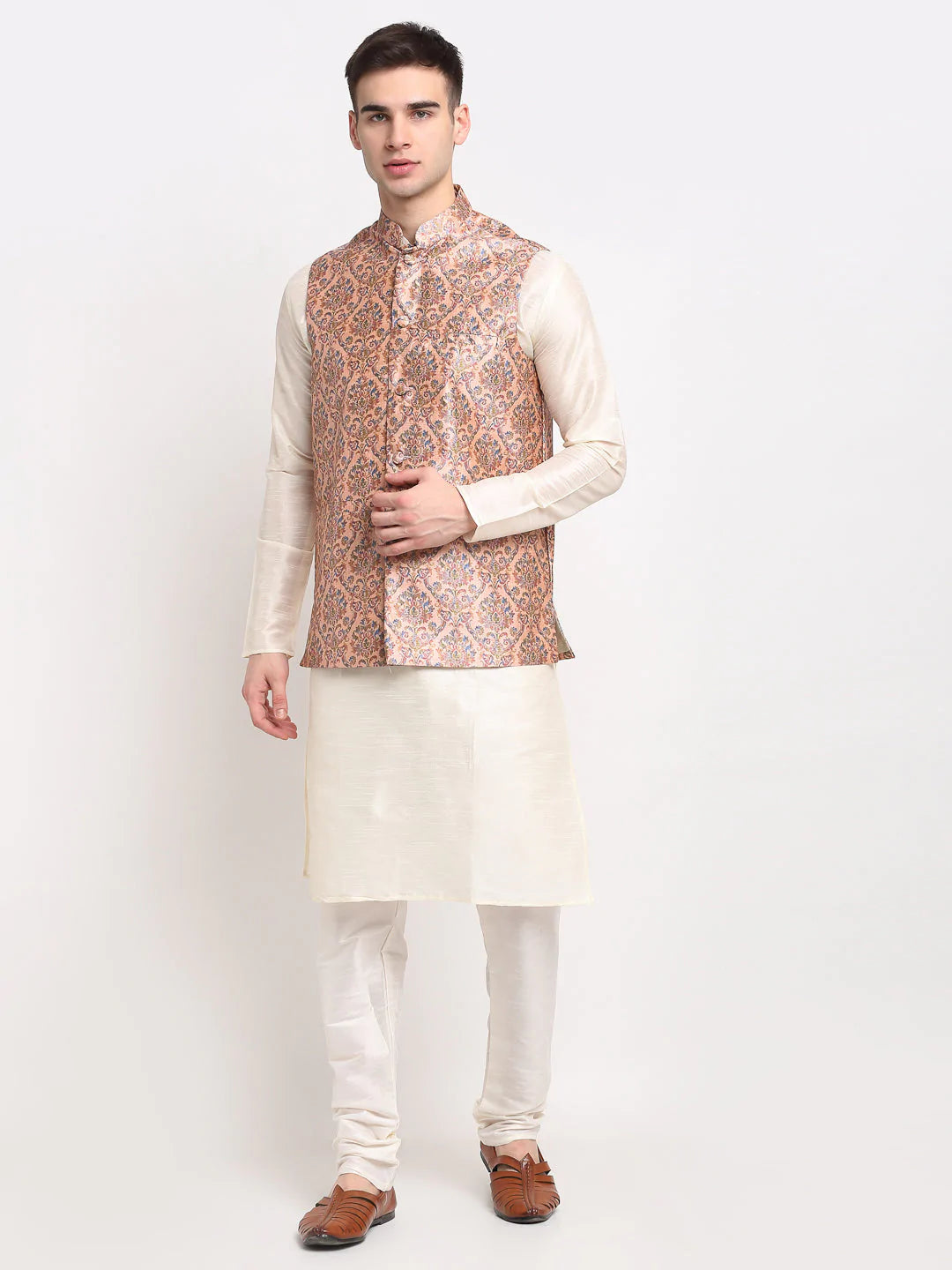 Jompers Men's Off-white Dupion Silk Kurta with Churidar & Nehru Jacket ( JOKPWC W-D 4025Peach )