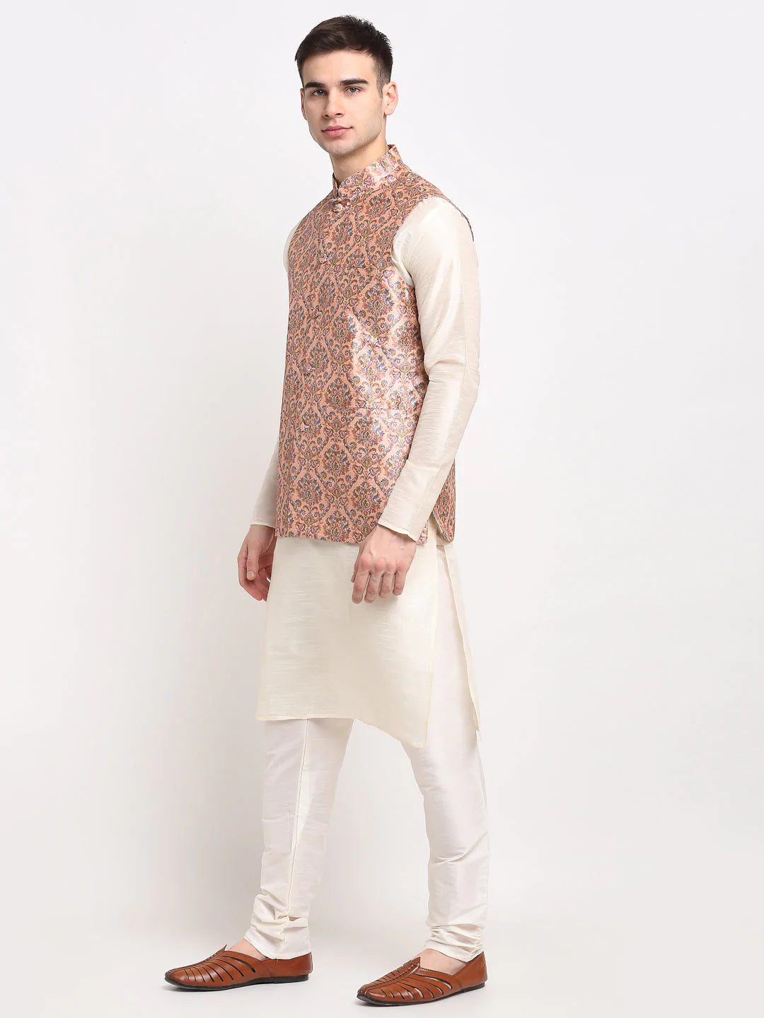 Jompers Men's Off-white Dupion Silk Kurta with Churidar & Nehru Jacket ( JOKPWC W-D 4025Peach )
