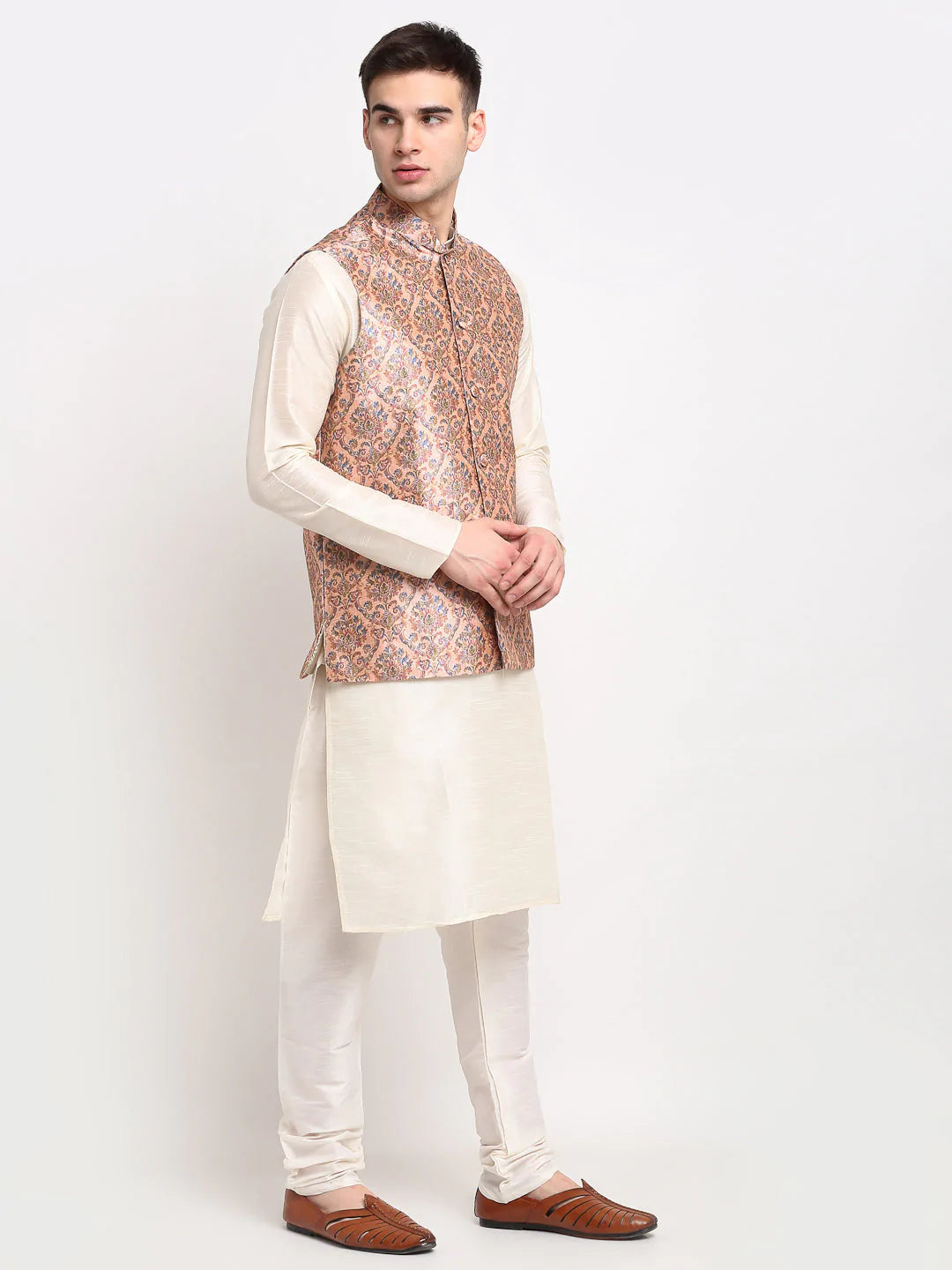 Jompers Men's Off-white Dupion Silk Kurta with Churidar & Nehru Jacket ( JOKPWC W-D 4025Peach )