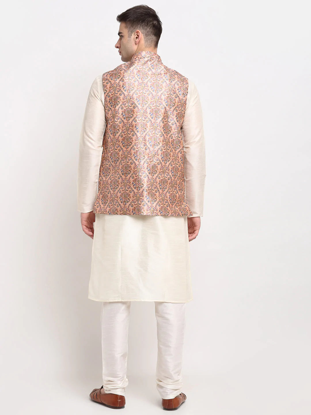 Jompers Men's Off-white Dupion Silk Kurta with Churidar & Nehru Jacket ( JOKPWC W-D 4025Peach )